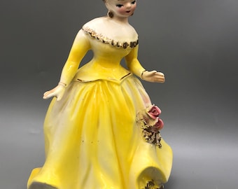 Charming Ceramic Figure Young Girl with Yellow Dress Foreign
