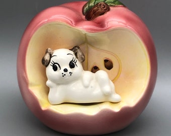 Vintage Pottery Apple with Puppy Japanese Piggy Bank or Money Box