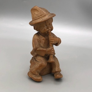 Charming Vintage German Wooden Figure of Boy Playing Flute