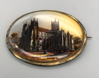 Vintage Brooch with Reverse Printed Image of Church
