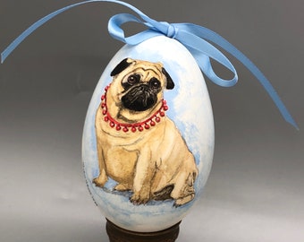 Vintage Hand Painted Egg with Pug Dog