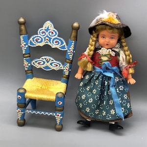 Vintage Hand Painted Miniature Chair and Alpine Doll