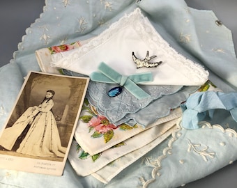 Beautiful Vintage Hankie Sachet and Handkerchiefs, Bird Brooch, Enamel Saint Christopher Charm and Carte de Visite