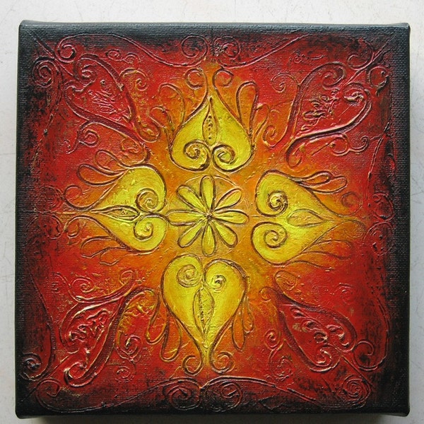 Rangoli V - Original Abstract Textured Painting on Canvas 8 x 8 inch / Indian Rangoli Pattern / Red / Yellow / Gold