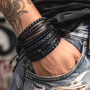 Womens Leather Bracelet Set Black, Punk Bracelet, Braided Leather Wristband, Stackable Women Jewelry, Gift for Her, Ajustable bracelet
