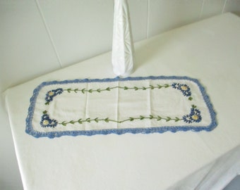 Vintage Antimacassar Dresser Scarf Embroidered Blue Flower Cottage Style