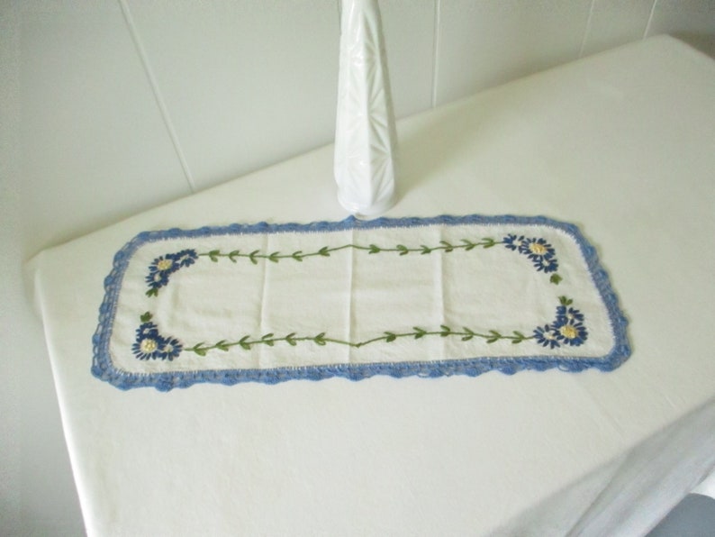 Vintage Antimacassar Dresser Scarf Embroidered Blue Flower Cottage Style image 1