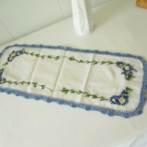 Vintage Antimacassar Dresser Scarf Embroidered Blue Flower Cottage Style image 5