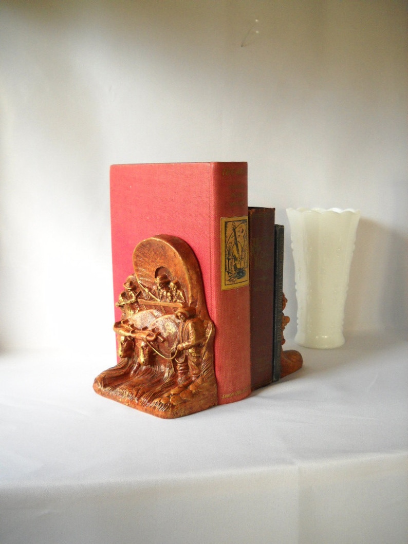 Vintage Bookends Conestoga Wagon Bookends Covered Wagon Western Decor Man Cave image 1