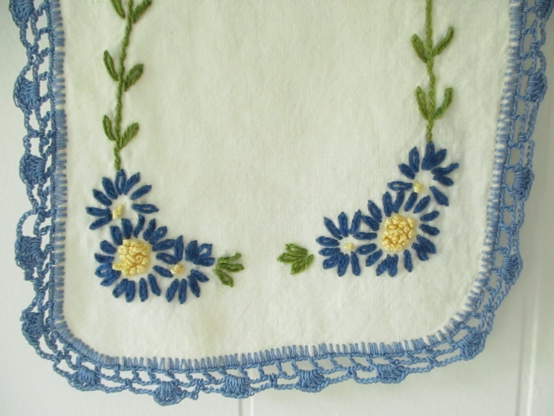 Vintage Antimacassar Dresser Scarf Embroidered Blue Flower Cottage Style image 3