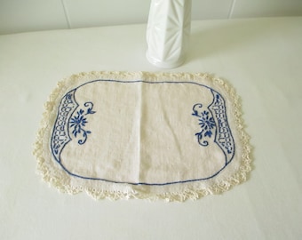 Vintage Antimacassar Dresser Scarf Embroidered Blue Flower Cottage Style