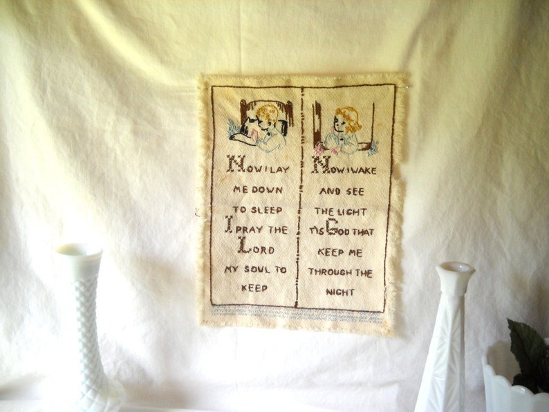 Vintage Needlepoint Vintage Cross Stitch Now I Lay Me Down To Sleep Embroidery Cottage Chic image 2