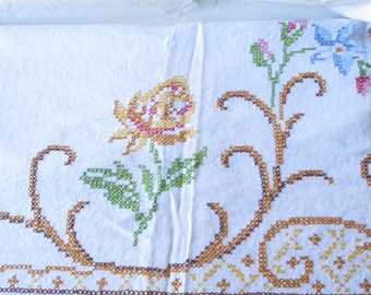 Vintage Tablecloth Cross Stitch Tablecloth Needlework Floral Needlepoint