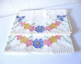 Vintage Pillow Cases Embroidered Applique Floral Pillowcases