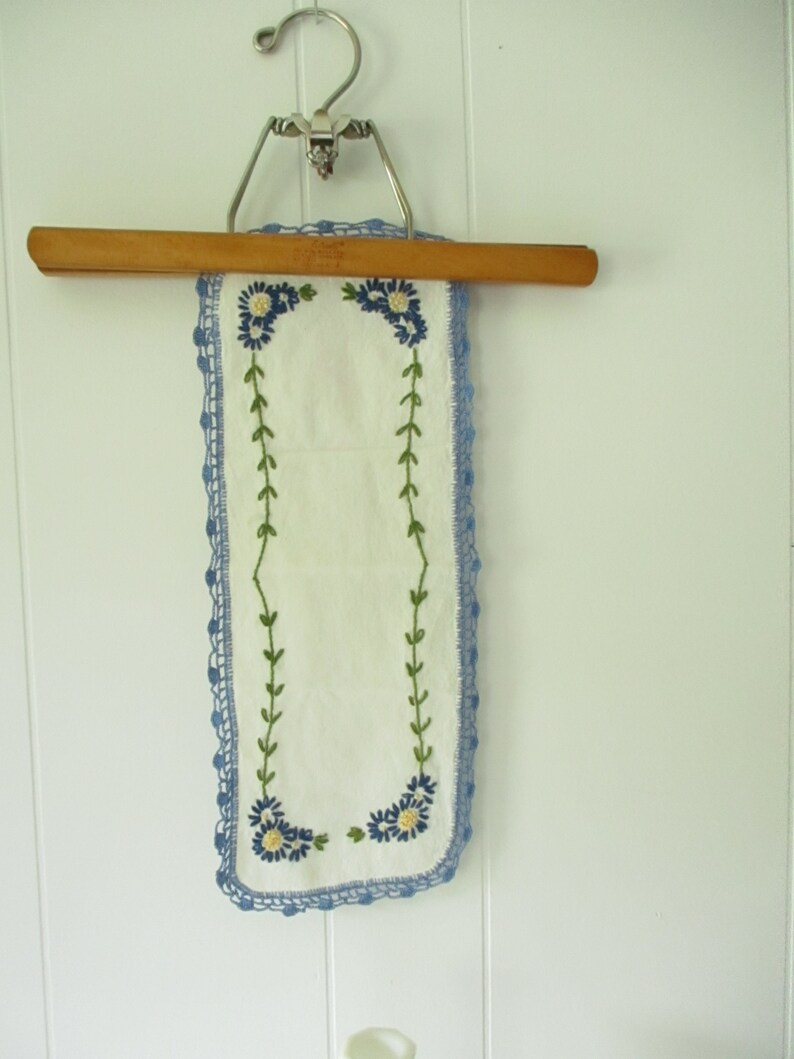 Vintage Antimacassar Dresser Scarf Embroidered Blue Flower Cottage Style image 2