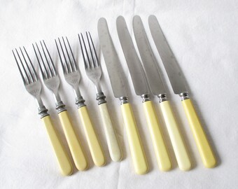 Vintage Stainless Flatware Plastic Celluloid Handled Forks Knives