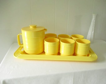 Vintage Rubbermaid Drink Set Yellow Ribbed Pitcher Tumblers and Tray