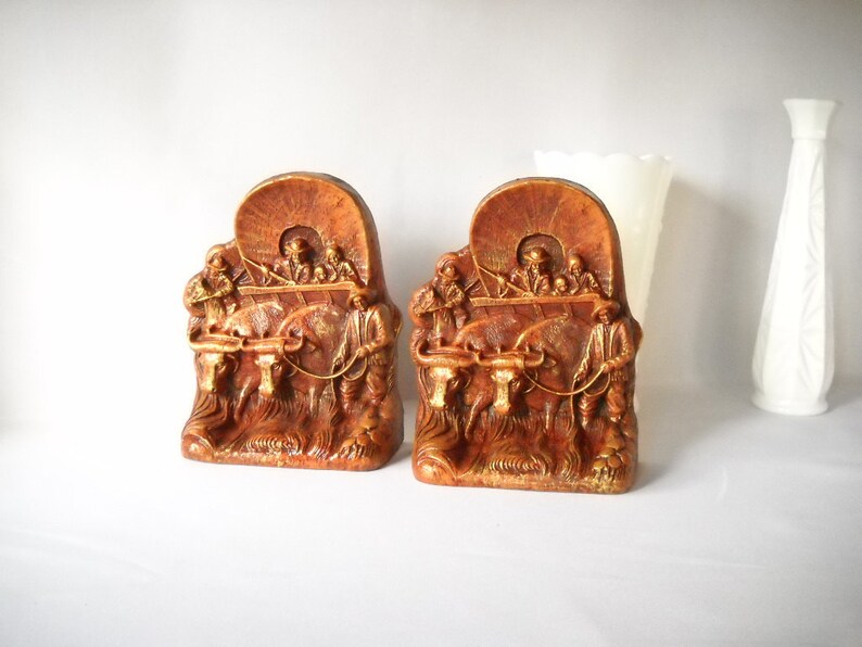 Vintage Bookends Conestoga Wagon Bookends Covered Wagon Western Decor Man Cave image 2