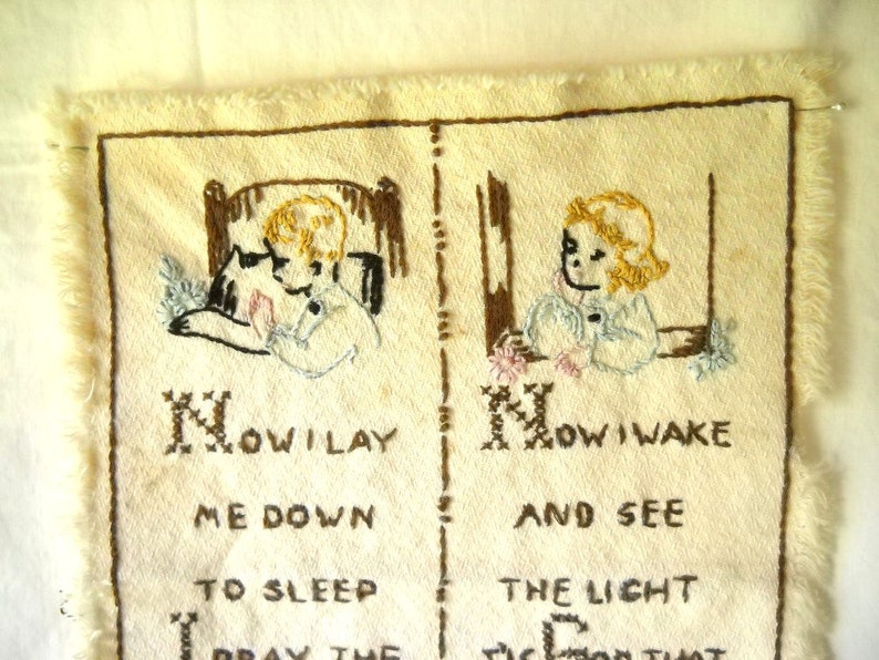 Vintage Needlepoint Vintage Cross Stitch Now I Lay Me Down To Sleep Embroidery Cottage Chic image 3