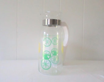 Vintage Glass Pitcher Pyrex Type Glass Carafe Lemon and Lime Mid Century