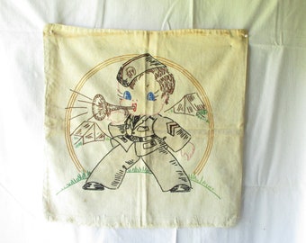 Antique Vintage Military Embroidered Pillow Cover Boogie Woogie Bugle Boy Vintage Cross Stitch Embroidery  Cottage Chic
