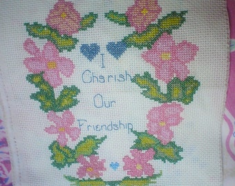 Vintage Needlework Friendship Floral Needlepoint Cross Stitch Pillow Top Tote  FREE SHIPPING