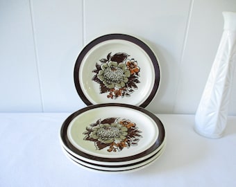 Vintage Dessert Plates 1970s Salad Plates Set of 4 Orange and Brown Floral Plates USA Plates