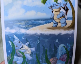 May include: A blue and brown cartoon turtle character stands on a beach under a palm tree.  The same character is shown underwater with other cartoon turtles and seaweed.