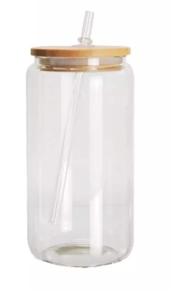 16oz Clear Sublimation Glass Beer Can with Bamboo Lid and Straw - Blank  Glass Tumbler
