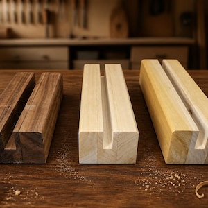 May include: Three rectangular wooden display stands, each featuring a centered vertical slot running along the top. The left stand is dark brown, while the middle and right stands are light beige, all arranged horizontally on a wooden surface.