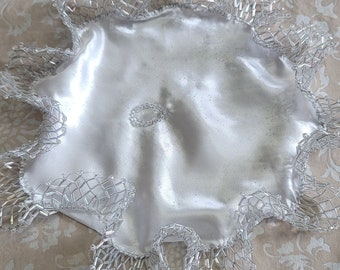Bridal Mindil white satin ruffled beaded dancing handkerchief mid-eastern wedding  hanky 12 inches Made in USA