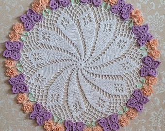 Spring summer butterflies butterfly and roses floral garden crochet doily tablecloth 21 Inches