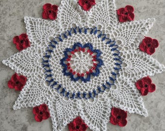 Veterans Memorial Independence Day Poppy Rememberance  crochet lace doily 17"