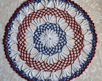 Memorial Independence Day Patriotic Fireworks  crochet doily tablecloth 15 Inches