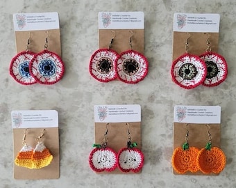 Fall Halloween themed Thread Crochet  Earrings Eyeballs Apples Pumpkins