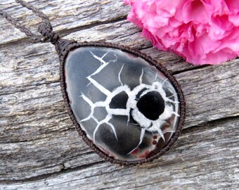 May include: A black and white agate pendant with a white, spiderweb-like pattern, set in a brown cord necklace.