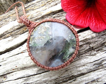 Moss Plume Agate necklace, Moss Agate necklace, Plume Agate, Agate jewelry, gray, pendant necklace, stone pendant, macrame necklace