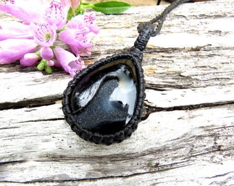 Black Onyx Druzy Necklace, Onyx jewelry, Gifts for her, macrame pendant, gothic bohemian, natural druzy