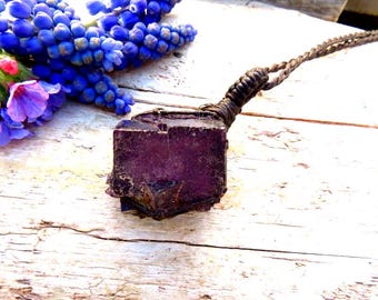 Muzquiz Fluorite crystal necklace, macrame pendant, intense purple pendant