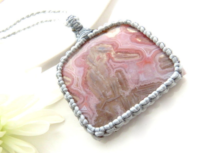 Rare Pink Agate necklace Pseudomorph Agate pendant Macrame necklace Pink Stone Healing crystals and gemstones Designer cab