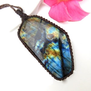 Labradorite macrame necklace, statement necklace, large gemstone, gift ideas for the gemstone lover, crystal collector, rainbow labradorite