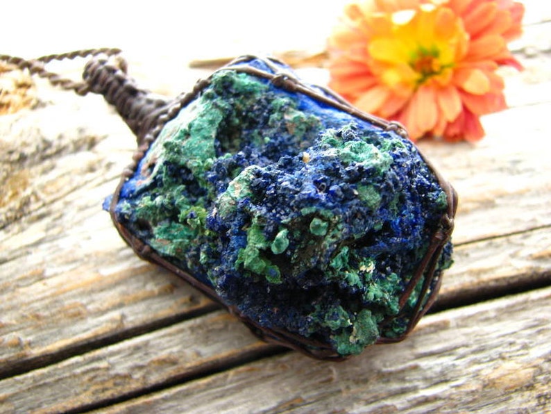 Macrame pendant Azurite necklace Healing Stones and Crystals Azurite jewelry Azurite Druzy Azurite pendant Malachite necklace