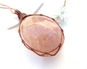 Rose Quartz Macrame Necklace, valentines day gift ideas, gift for her, gift for mom, heart chakra jewelry, healing crystal necklace