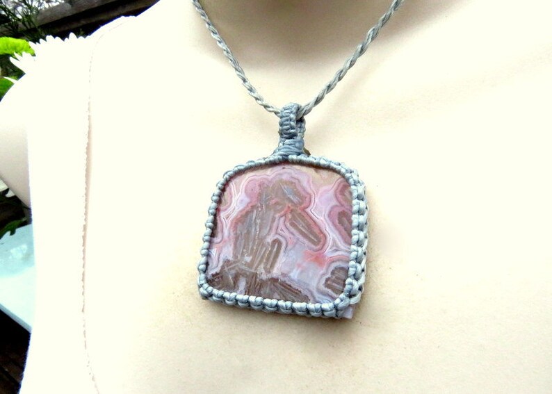 Rare Pink Agate necklace Pseudomorph Agate pendant Macrame necklace Pink Stone Healing crystals and gemstones Designer cab