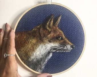 Needle Felted Red Fox on Blue Burlap, 6” Hoop