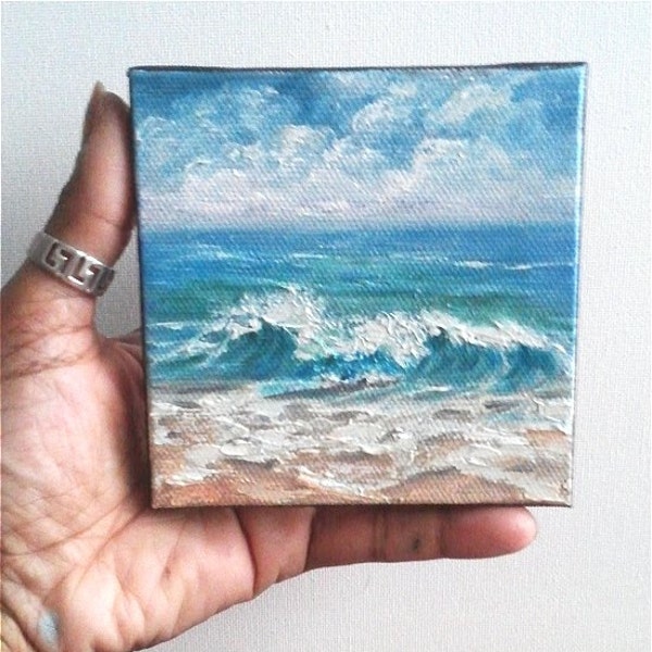 Oil Painting Beach Waves Sea Ocean Seascape 4" x 4" READY to SHIP