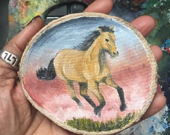 Mini Oil Painting Galloping Horse on Wood Slice 3.5" READY TO SHIP