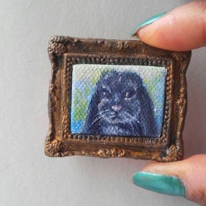 1:6 Scale Black Bunny Rabbit Pet Portrait Oil Painting Framed, Ready to Ship