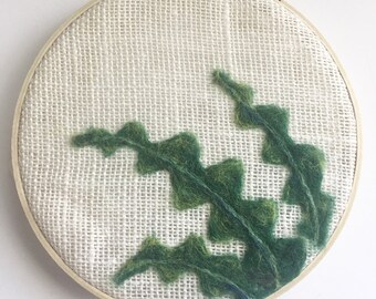 Needle Felted ZZ Plant Leaves on White Burlap,  8" Hoop