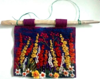 Fiberart Wall Hanging Spring Flowers 9" x 12" Needle Felting